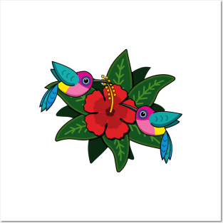 Cute Hummingbirds on Hibiscus Flower Cartoon - White Posters and Art